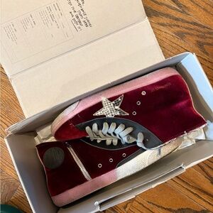 NIB Golden Goose Burgundy with Snakeskin Star Velvet Slides Sneakers Size 40